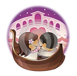 Two lovers in a gondola in Venice. Colored illustration