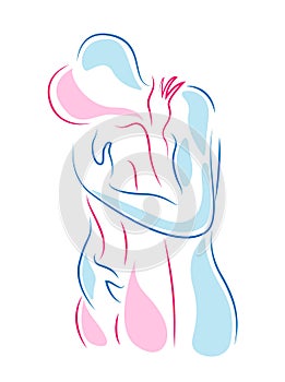 Two lovers holding each over to heart line art
