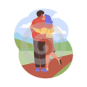Two lovers hugging and kissing back view, romantic couple spend time together on a walk outside, vector enamored pair