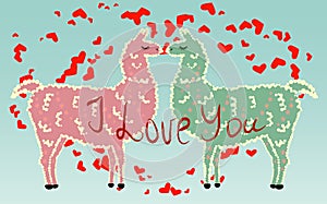 Two lovers, kissing llamas surrounded by hearts. Love is in the air. Valentine\'s day