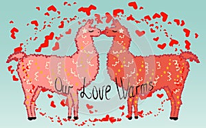 Two lovers, kissing llamas surrounded by hearts. Love is in the air. Valentine\'s day