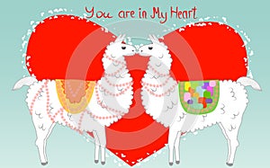 Two lovers, kissing llamas surrounded by hearts. Love is in the air. Inscription You in my heart, postcard, Valentine's