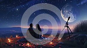 two lovers romantic night couple looking at stars in the sky pragma