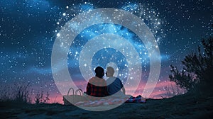 two lovers romantic night couple looking at stars in the sky pragma