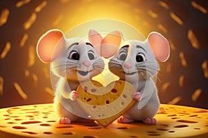 Two lovestruck white mice celebrate Valentine's Day with heart shaped cheese held in their tiny paws, set against