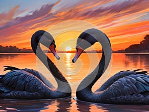 Two loving black swans on the water