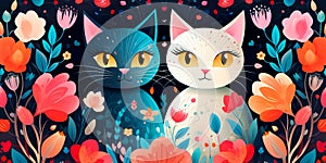 Two loving cats sit among fantastic flowers. Valentine& x27;s Day card with a romantic background. Generative AI