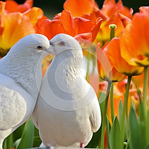 Two loving white doves and beautiful tul