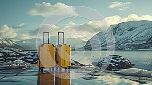 two luggage pieces at an airport, styled with a smooth and shiny finish, set against a landscape-focused backdrop