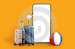 Two luggages travel bags and big smartphone, mockup
