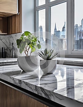 Two lush potted plants on a reflective marble countertop, framed by large windows revealing an urban skyline