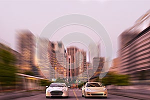 Two luxury sports car racing in the middle of downtown Seattle, USA