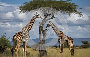 Two Maasai giraffe, male and female, grazing from an acacia tree in the Masai Mara, Kenya