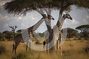 Two Maasai giraffe, male and female, grazing from an acacia tree in the Masai Mara, Kenya