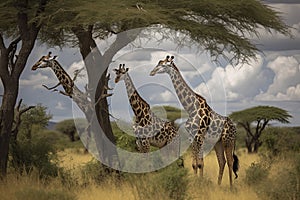 Two Maasai giraffe, male and female, grazing from an acacia tree in the Masai Mara, Kenya