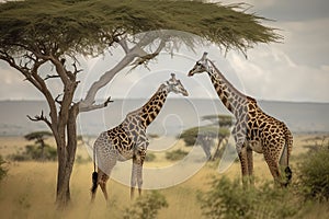 Two Maasai giraffe, male and female, grazing from an acacia tree in the Masai Mara, Kenya