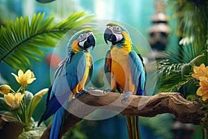 Two macaws sitting on a branch in a tropical garden, close up, Beautiful macaws in the jungle. Blue and yellow macaw, AI Generated