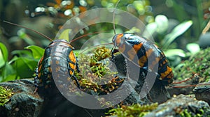 Two Madagascar hissing cockroaches in a terrarium. Insects on a mossy log in a naturalistic habitat. Concept of exotic