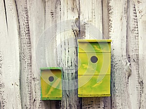 two made of wood and painted birdhouses a large one and a small one hang on a white wall in the spring garden