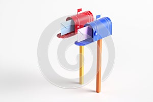 Two mailboxes with an envelope inside on a white background