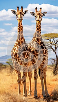 Two majestic giraffes standing tall in the vast savannah wilderness, african wildlife photography