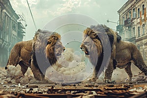 Two Majestic Lions in Dramatic Urban Showdown amidst Dust and Ruin