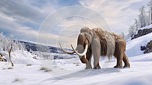 Two majestic mammoths standing in a snow-covered field. Generative A.I