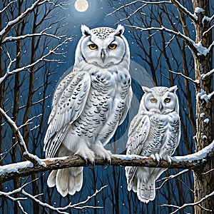 Two majestic white owls sitting on a frosty branch under the glow of a full moon.