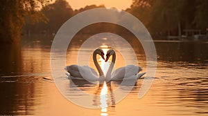 Two majestic white swans forming heart. Love swans heart at sunset.