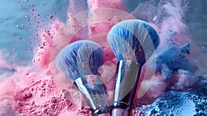 Two makeup brushes in a pile of blue and pink powder