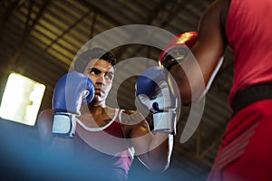 Two male athletes fight in boxing ring