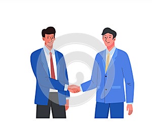 Two male character in suits shaking hands. Business concept of concluding contract, partnership, teamwork