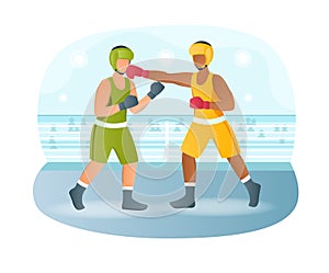 Two male characters are fighting on boxing match in ring