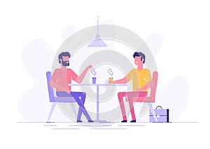 Two male colleagues chatting during coffee breaks at a table in a cafe. Modern flat vector illustration photo