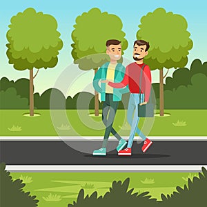 Two male friends talking and smiling while walking in the park, friendship concept vector Illustration