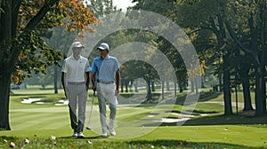 two male golfers share a laugh while walking down the fairway, showcasing their camaraderie and love for the game. photo