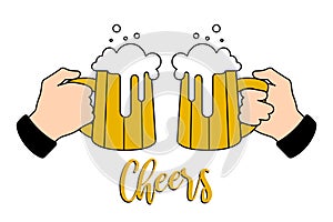 Two male hands with mugs of beer, cheers, party clinking glasses. Two friends are drinking beer. Toast pub template for