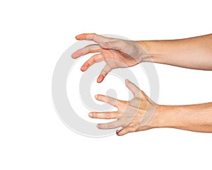 Two male hands reaching out to grab something, white background