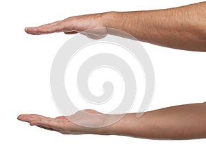 Two male hands with space to put something.