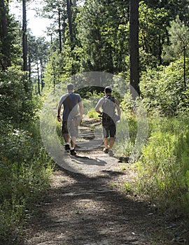 Two Male Hikers Finishing Hike In National Forest