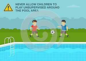 Two male kids playing ball beside outdoor swimming pool. Never allow children play unsupervised around the pool area.