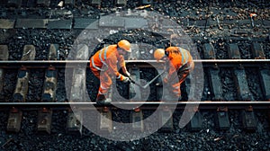 two male railway workers, clad in fluorescent orange workwear, as they perform mechanical actions on railway tracks