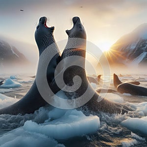Two male seals fighting on ice sheet, at sunset