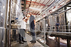 Two male technicians working at a wine factory, low angle