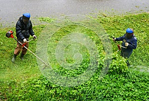 Two male utility workers mow grass