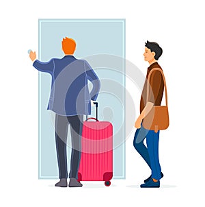 Two man arriving from business travel inside the front door