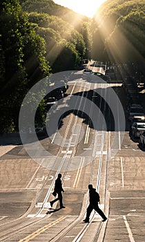 Two man crossing the road - San Francisco, Hyde Street