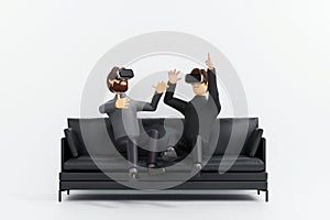 Two man enjoy virtual reality with VR glasses on couch, virtual reality technology cinema and gamming, 3D rendering