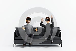 Two man enjoy virtual reality with VR glasses on couch, virtual reality technology cinema and gamming, 3D rendering