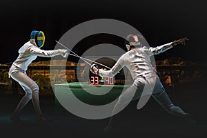 Two man fencing athlete fight on professional sports arena